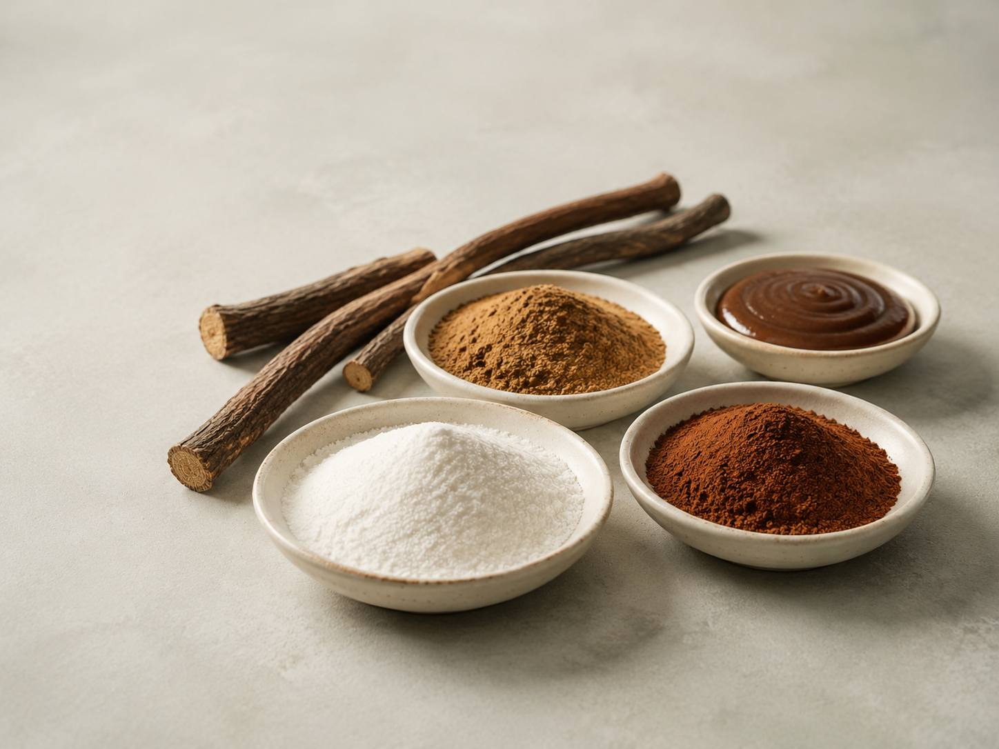 Licorice-derived food ingredients including white, brown and reddish-brown powders and extract paste