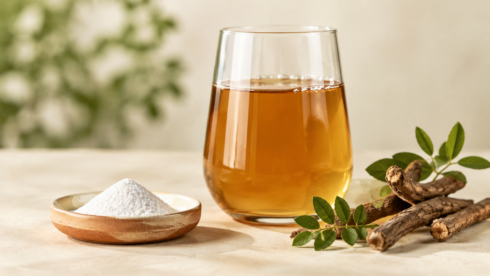 Amber beverage, white ingredient powder and licorice roots